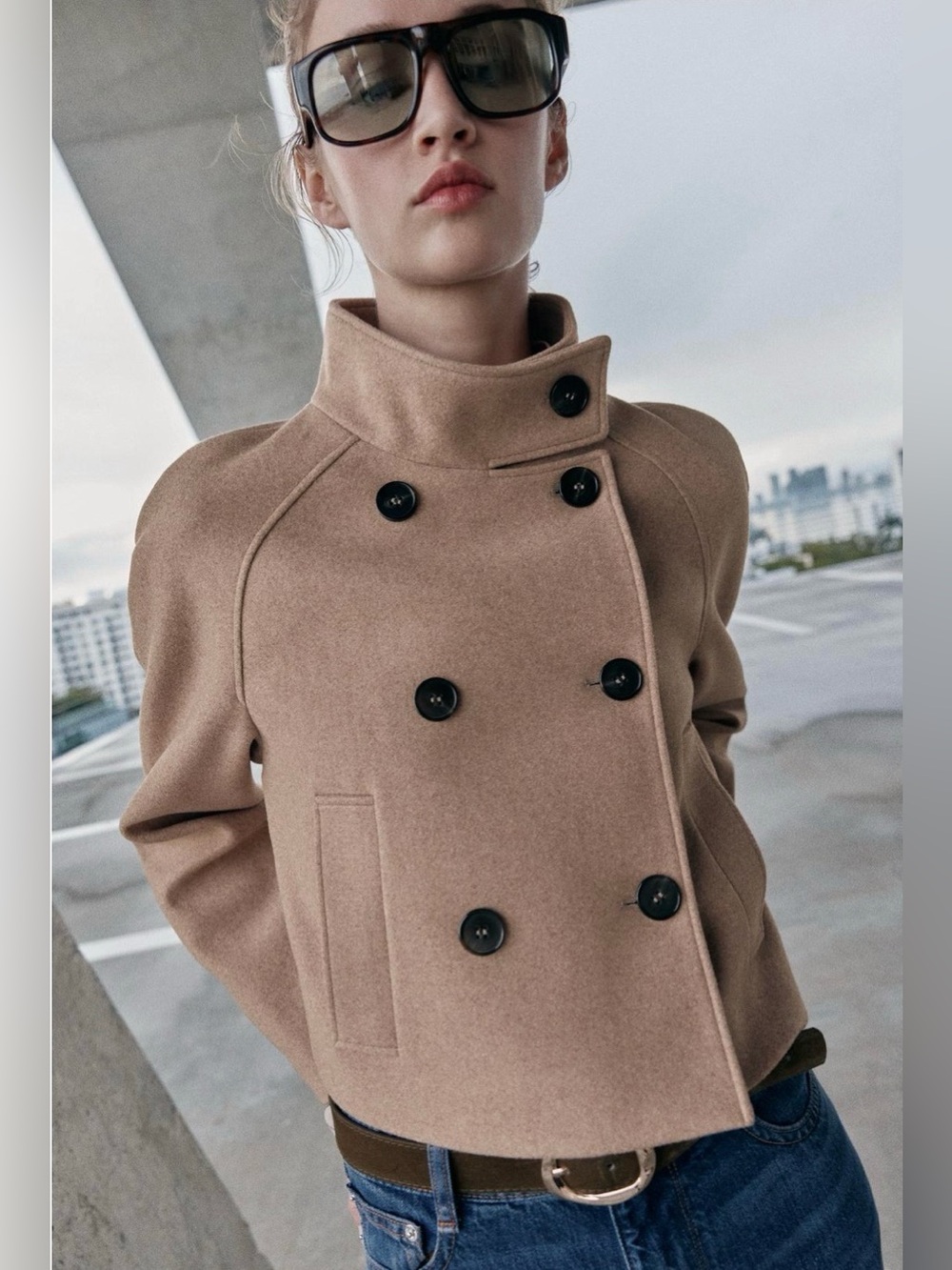 Zara Camel Double-Breasted High Neck Jacket